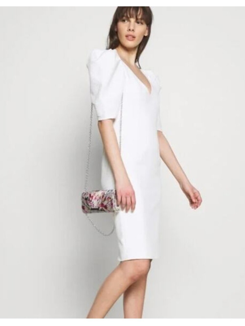 NWT Bardot White V-Neck Puff Sleeve Midi Bodycon Dress